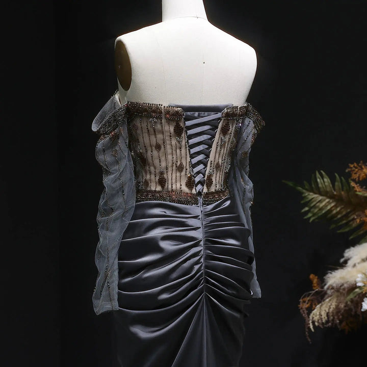 Luxury Gray Crystal Beaded Evening Dress with Draped Sheer Cape SS564-DreamyVow