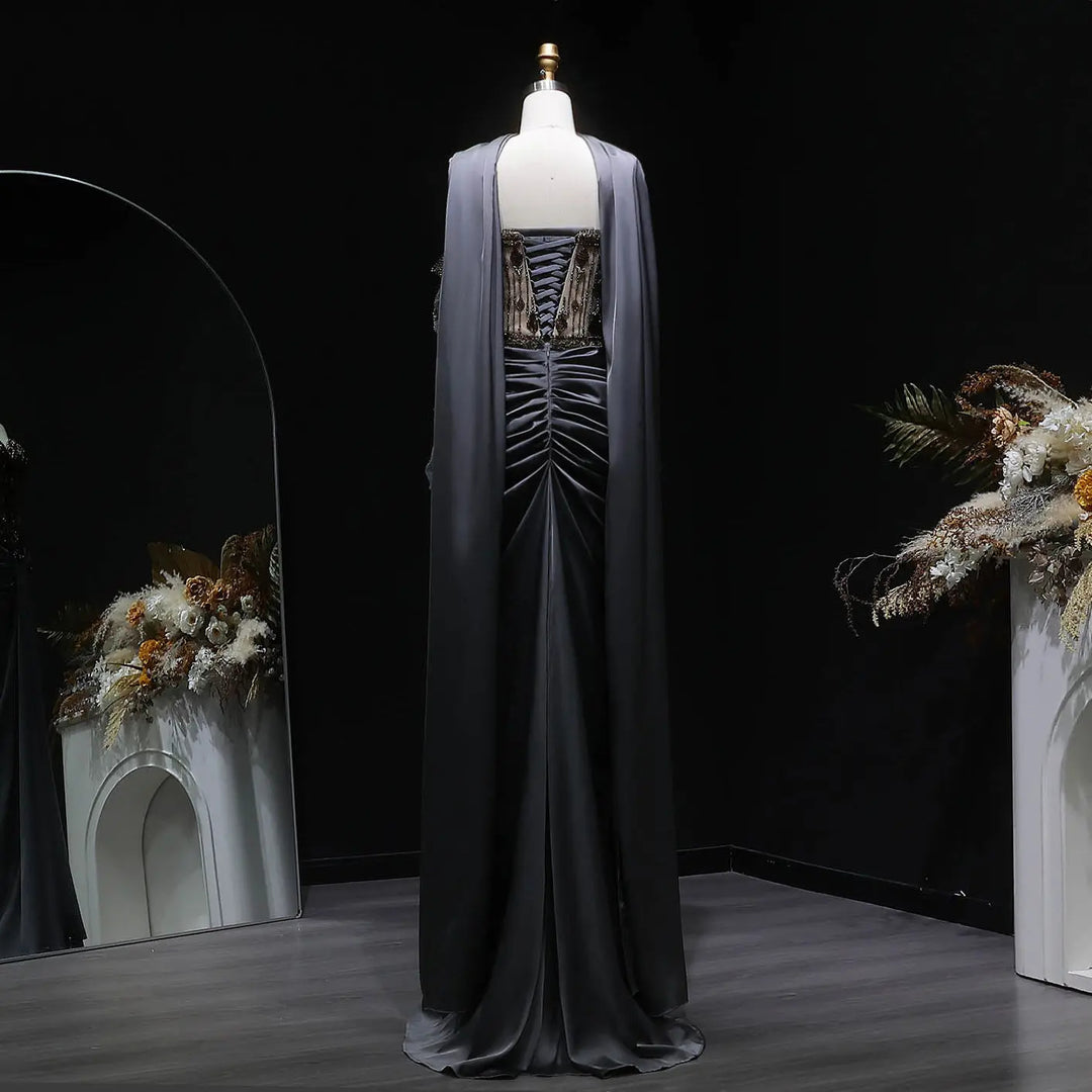 Luxury Gray Crystal Beaded Evening Dress with Draped Sheer Cape SS564-DreamyVow