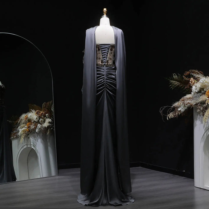 Luxury Gray Crystal Beaded Evening Dress with Draped Sheer Cape SS564-DreamyVow