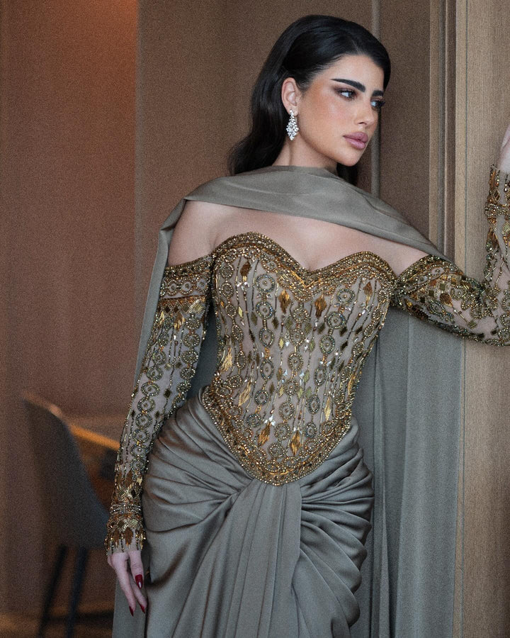 Luxury Gray Crystal Beaded Evening Dress with Draped Sheer Cape SS564-DreamyVow