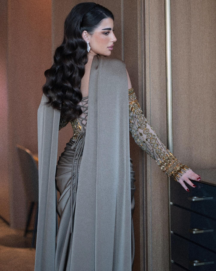 Luxury Gray Crystal Beaded Evening Dress with Draped Sheer Cape SS564-DreamyVow