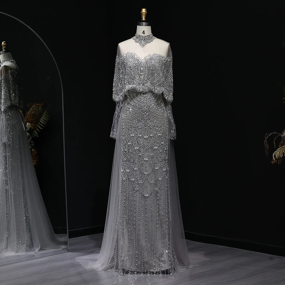 Luxury Gray Dubai Evening Gown with Detachable Overskirt SS557