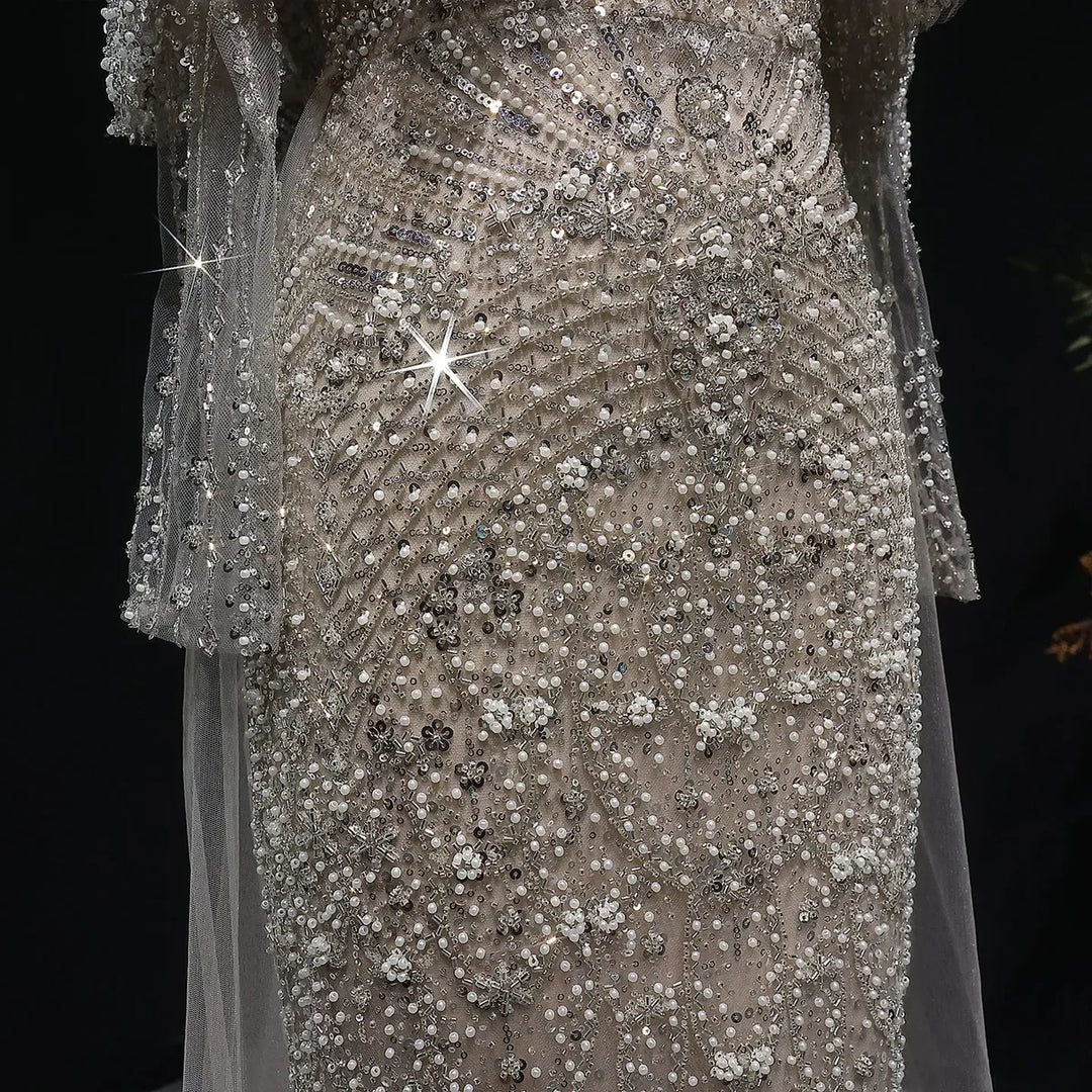 Luxury Gray Dubai Evening Gown with Detachable Overskirt SS557-DreamyVow