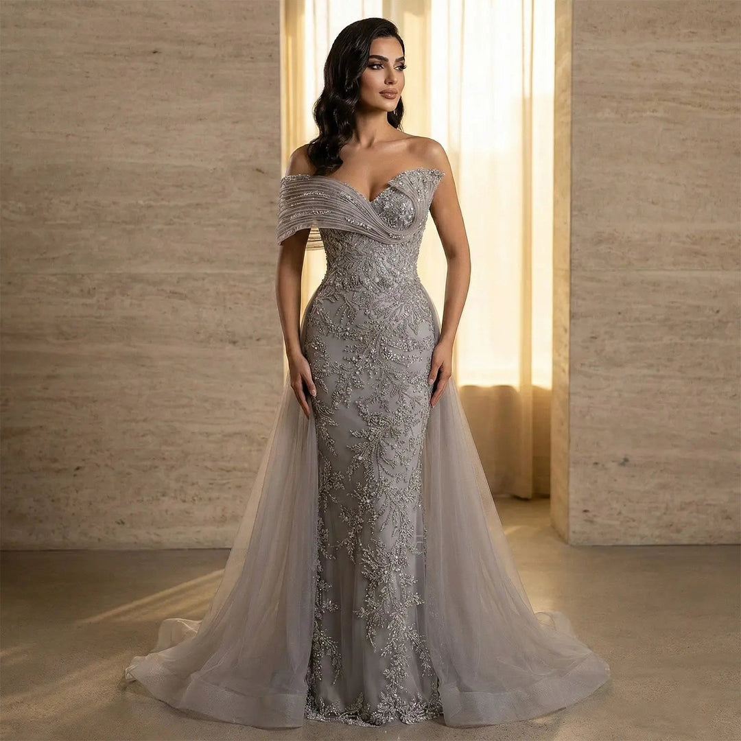 Luxury Gray Off-Shoulder Beaded Evening Gown with Tulle Train SS527-DreamyVow