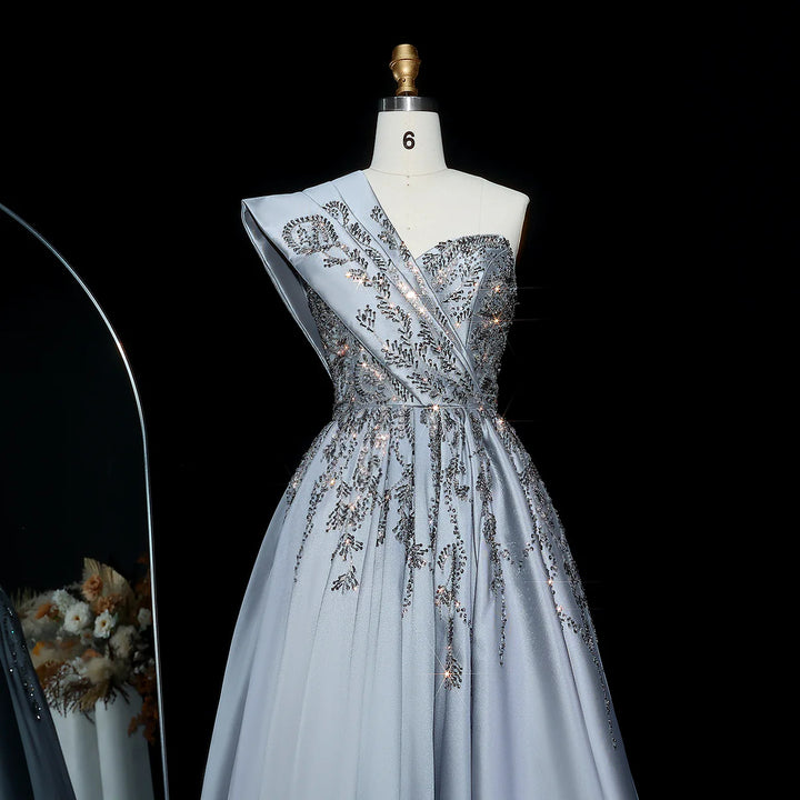 Luxury Gray One-Shoulder Crystal Embellished A-Line Evening Dress XD040-DreamyVow