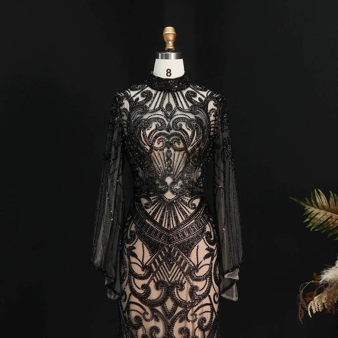 Luxury Green Beaded Evening Dress with High Neck Long Sleeve SS055-DreamyVow