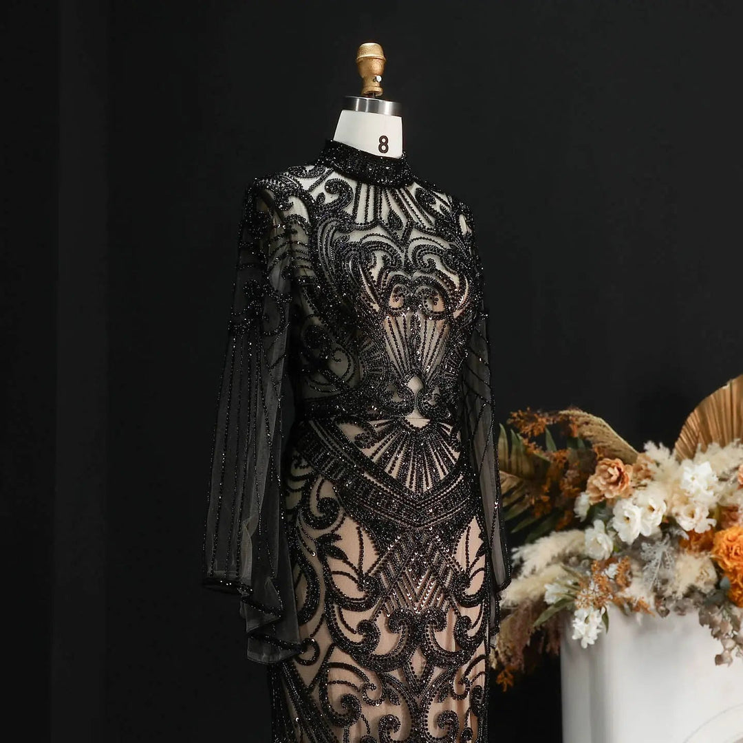 Luxury Green Beaded Evening Dress with High Neck Long Sleeve SS055-DreamyVow