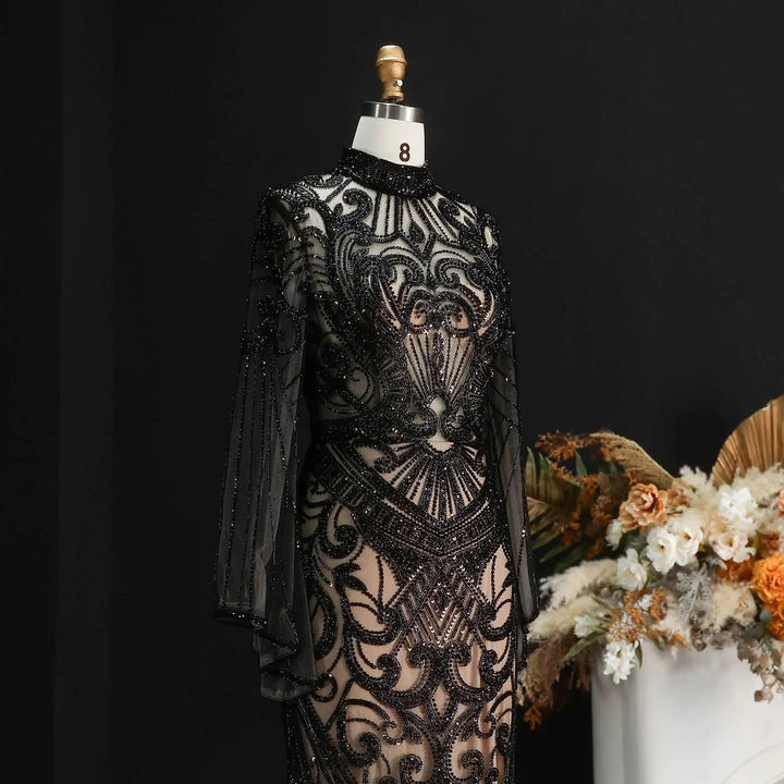 Luxury Green Beaded Evening Dress with High Neck Long Sleeve SS055-DreamyVow