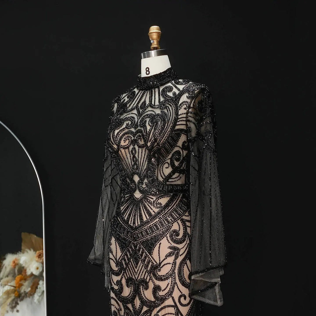 Luxury Green Beaded Evening Dress with High Neck Long Sleeve SS055-DreamyVow