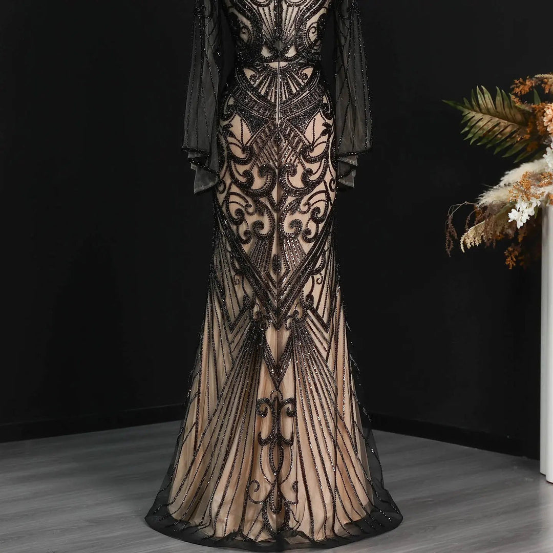 Luxury Green Beaded Evening Dress with High Neck Long Sleeve SS055-DreamyVow