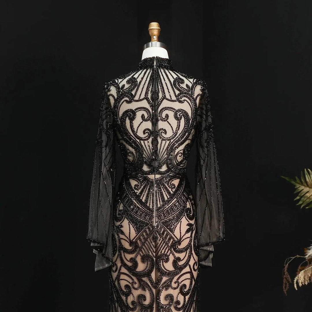 Luxury Green Beaded Evening Dress with High Neck Long Sleeve SS055-DreamyVow