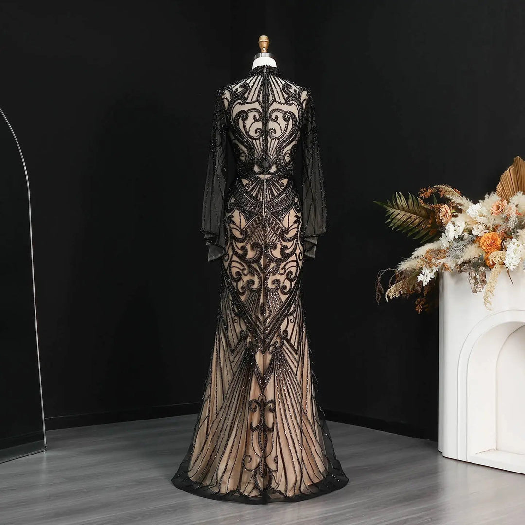 Luxury Green Beaded Evening Dress with High Neck Long Sleeve SS055-DreamyVow