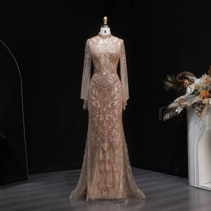 Luxury Green Beaded Evening Dress with High Neck Long Sleeve SS055-DreamyVow