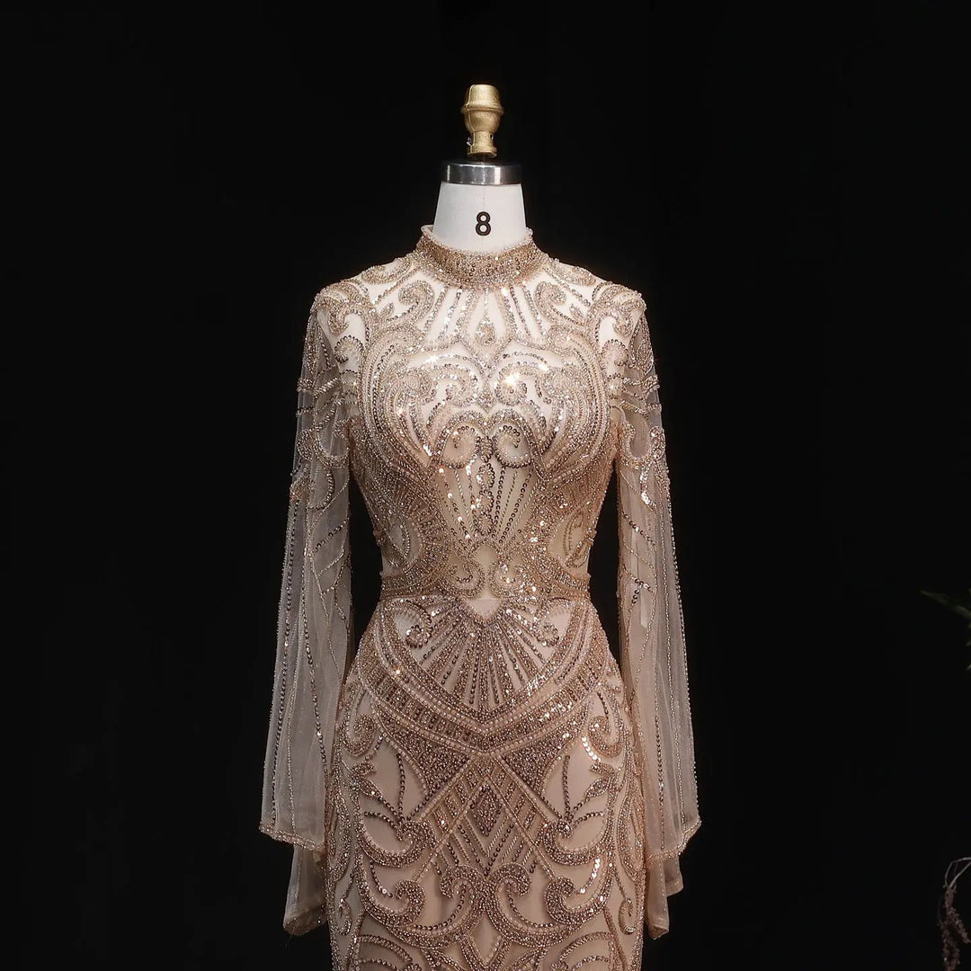 Luxury Green Beaded Evening Dress with High Neck Long Sleeve SS055-DreamyVow