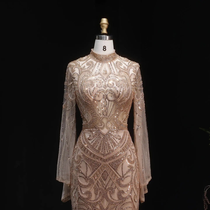 Luxury Green Beaded Evening Dress with High Neck Long Sleeve SS055-DreamyVow