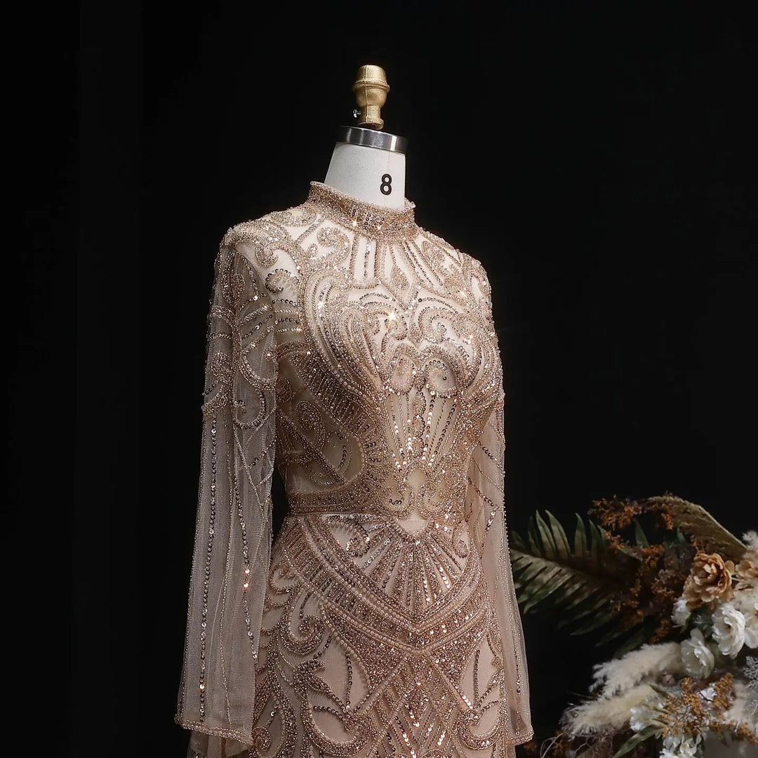 Luxury Green Beaded Evening Dress with High Neck Long Sleeve SS055-DreamyVow