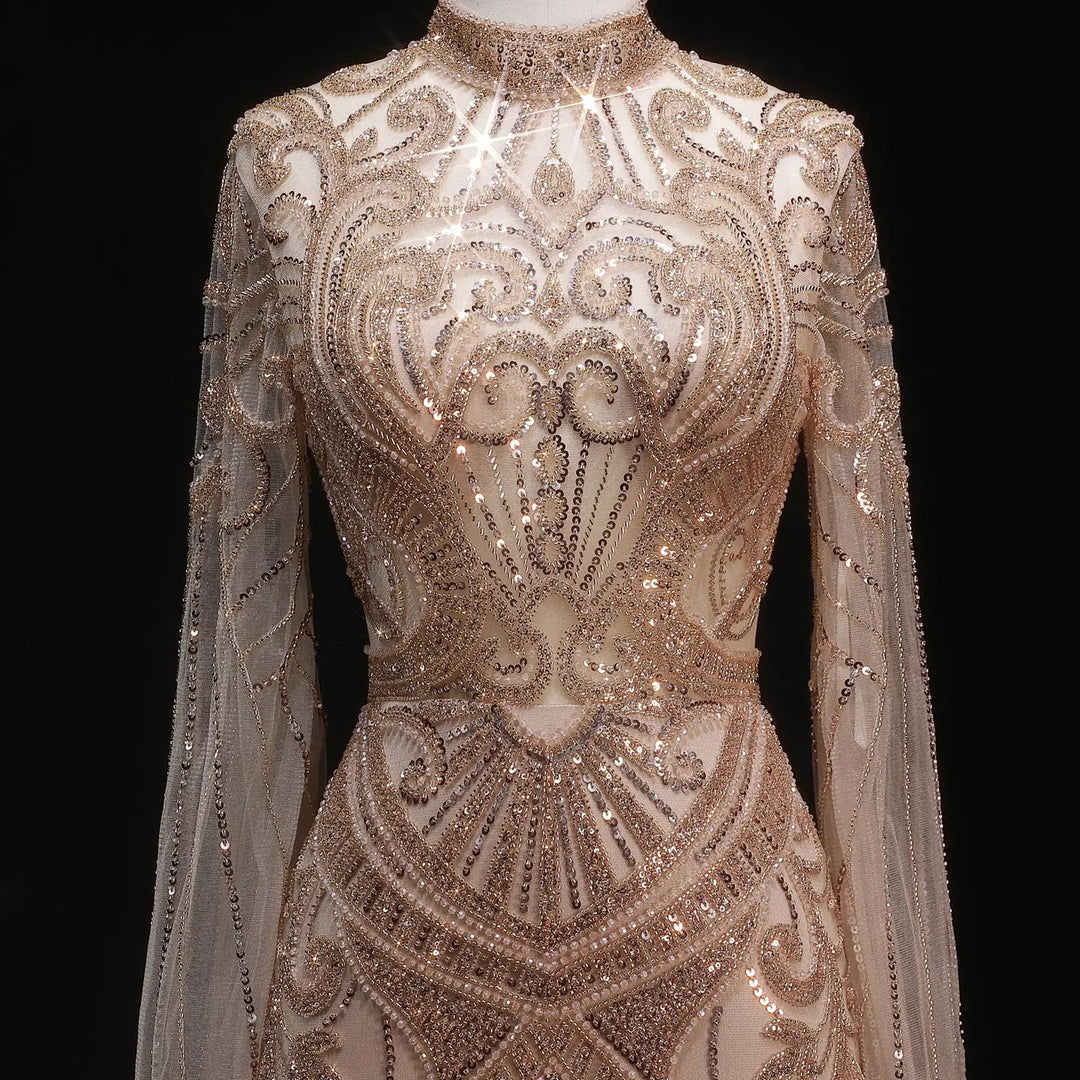 Luxury Green Beaded Evening Dress with High Neck Long Sleeve SS055-DreamyVow