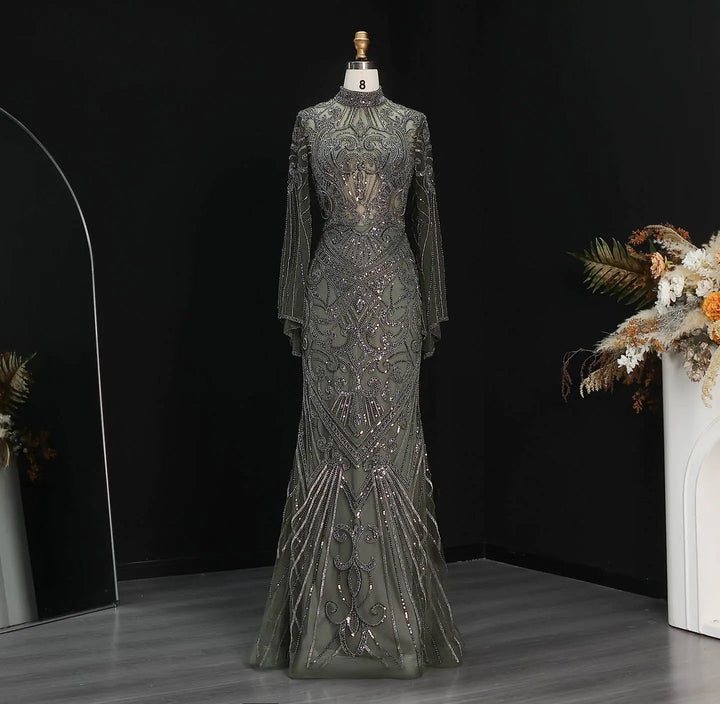 Luxury Green Beaded Evening Dress with High Neck Long Sleeve SS055-DreamyVow