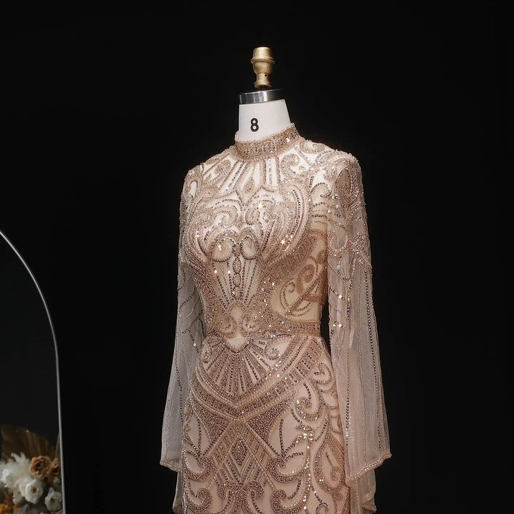 Luxury Green Beaded Evening Dress with High Neck Long Sleeve SS055-DreamyVow