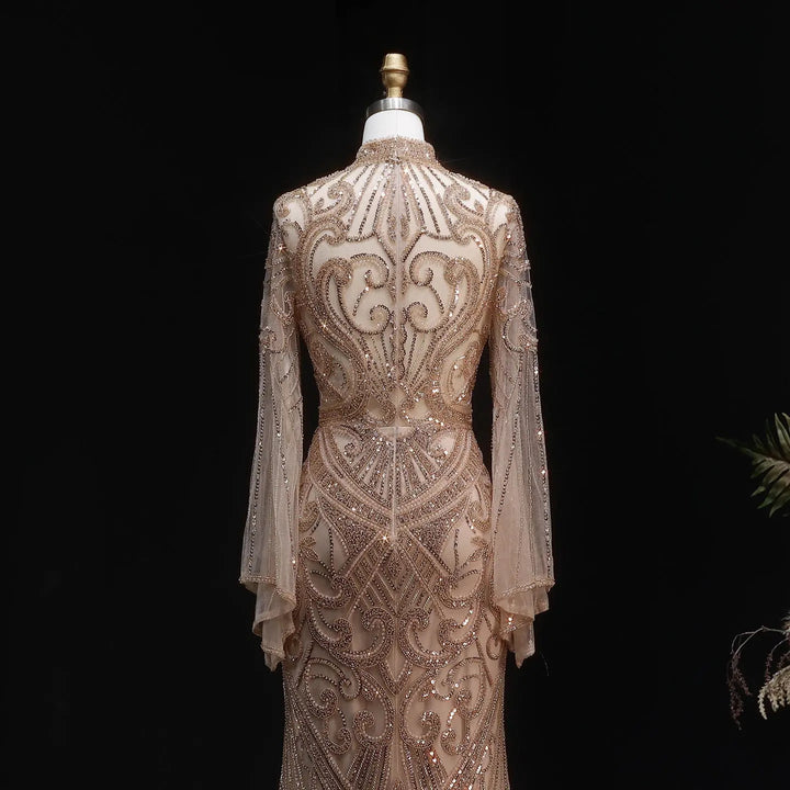 Luxury Green Beaded Evening Dress with High Neck Long Sleeve SS055-DreamyVow