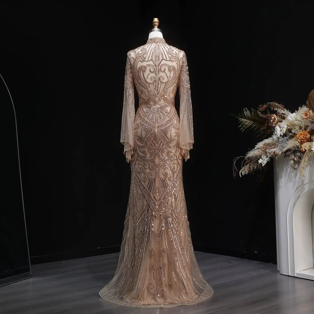 Luxury Green Beaded Evening Dress with High Neck Long Sleeve SS055-DreamyVow