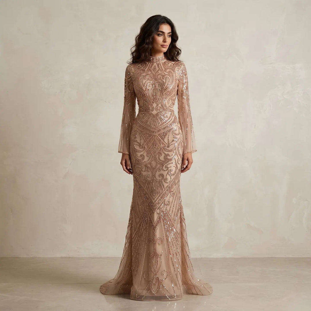 Luxury Green Beaded Evening Dress with High Neck Long Sleeve SS055-DreamyVow