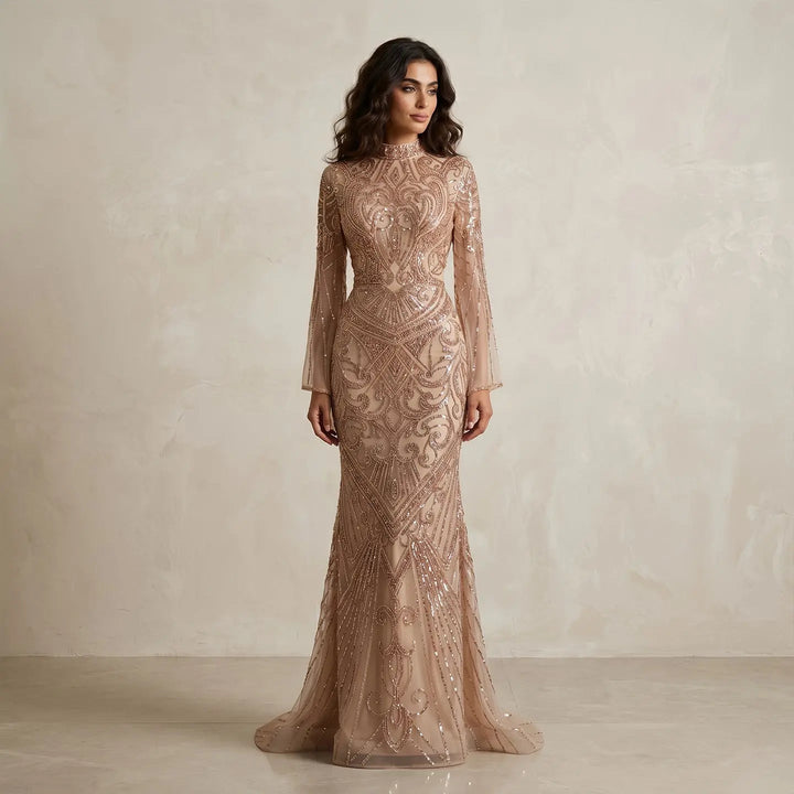 Luxury Green Beaded Evening Dress with High Neck Long Sleeve SS055-DreamyVow