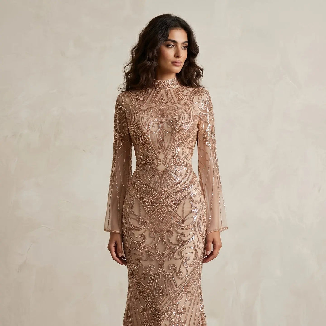 Luxury Green Beaded Evening Dress with High Neck Long Sleeve SS055-DreamyVow