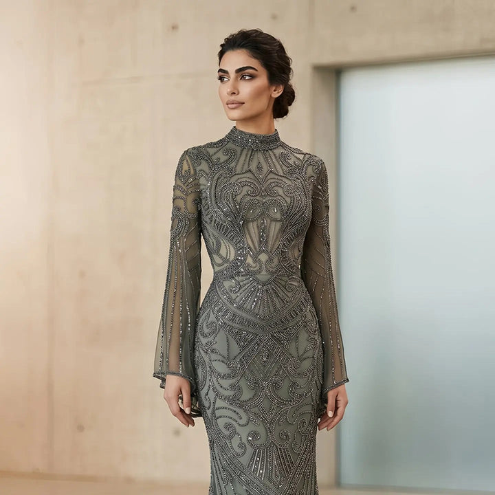 Luxury Green Beaded Evening Dress with High Neck Long Sleeve SS055-DreamyVow