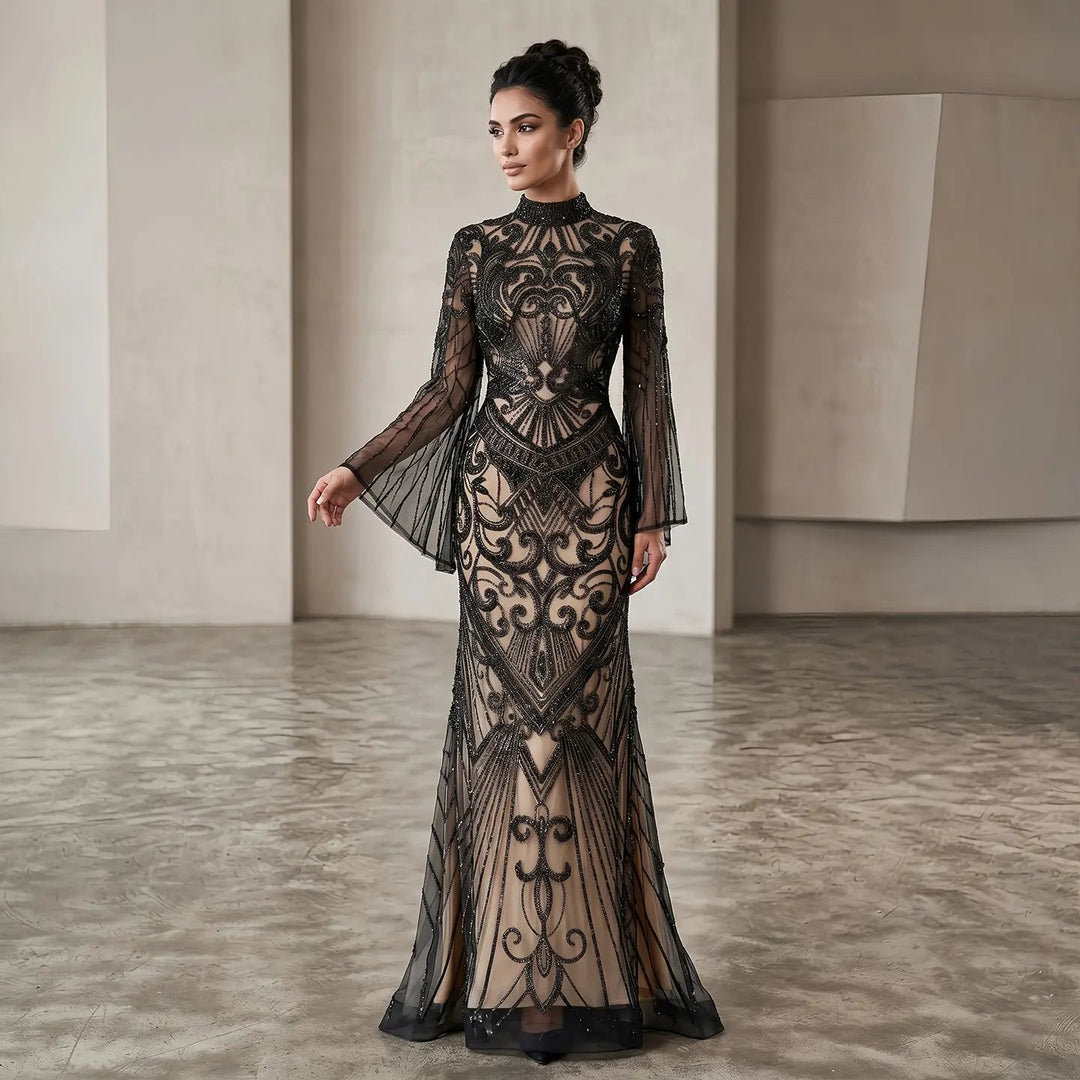 Luxury Green Beaded Evening Dress with High Neck Long Sleeve SS055-DreamyVow