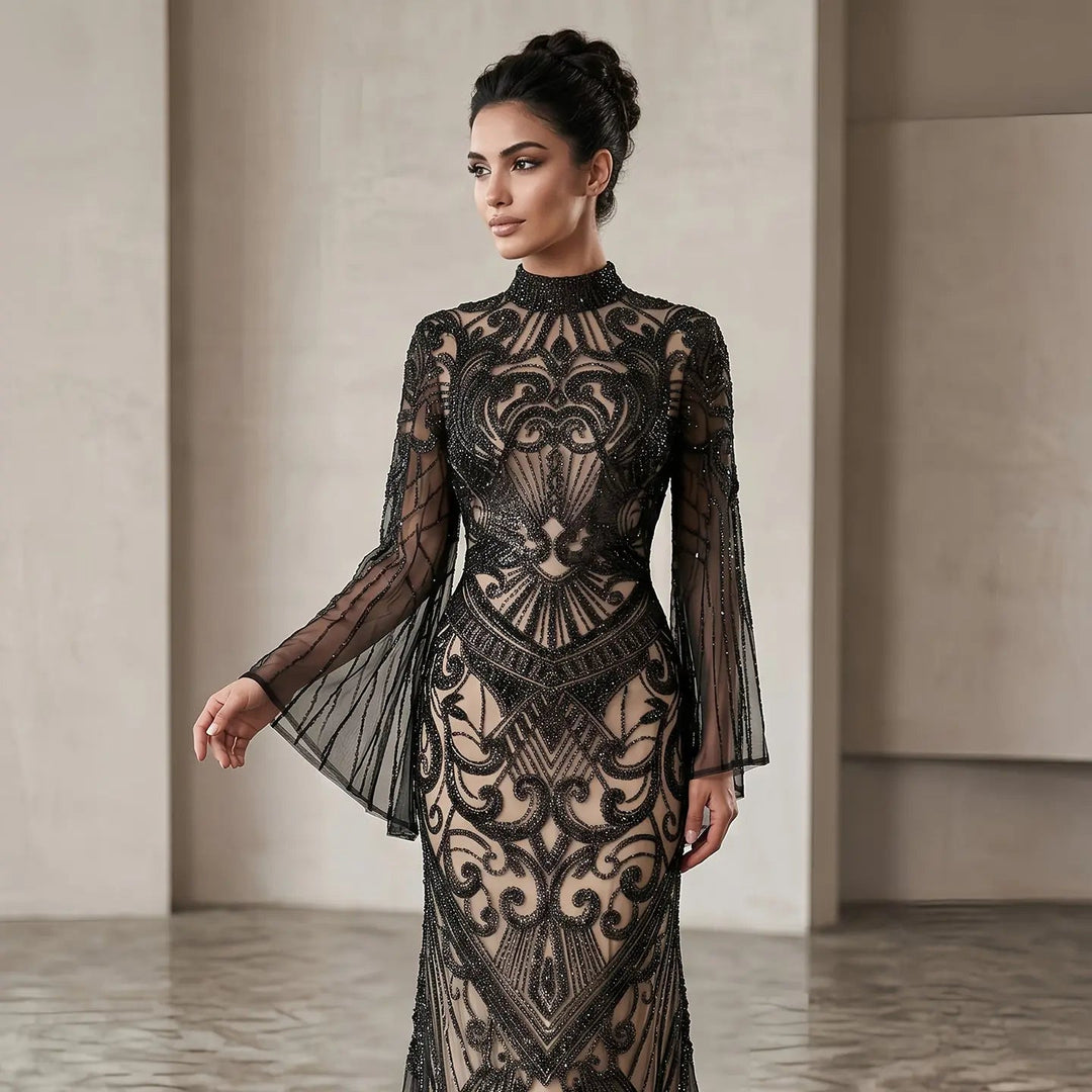 Luxury Green Beaded Evening Dress with High Neck Long Sleeve SS055-DreamyVow