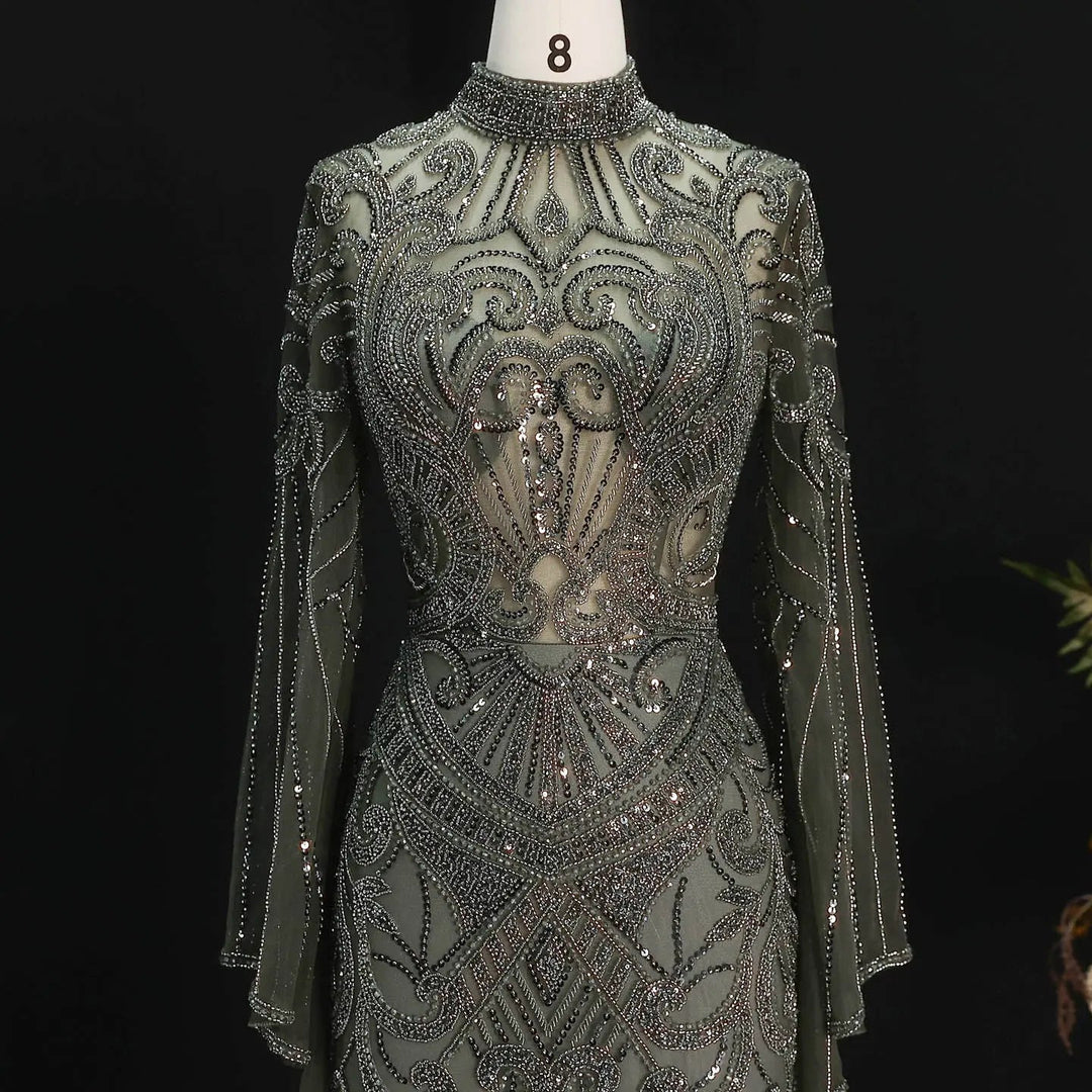 Luxury Green Beaded Evening Dress with High Neck Long Sleeve SS055-DreamyVow