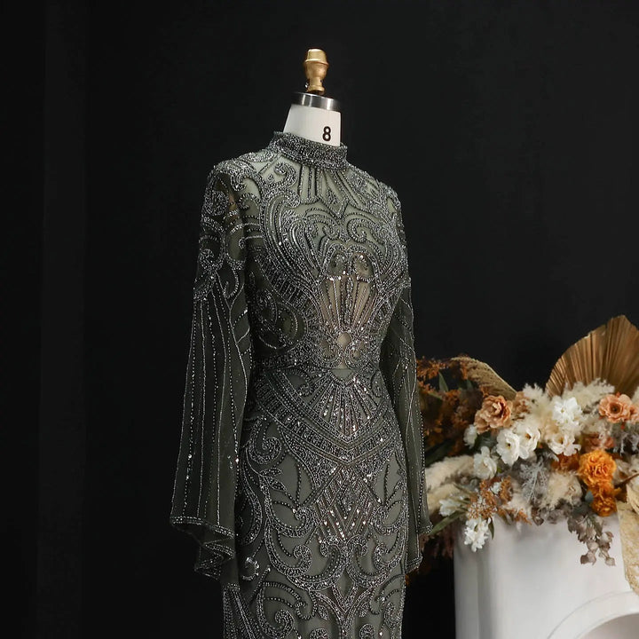 Luxury Green Beaded Evening Dress with High Neck Long Sleeve SS055-DreamyVow