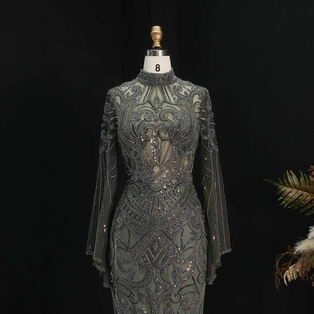 Luxury Green Beaded Evening Dress with High Neck Long Sleeve SS055-DreamyVow