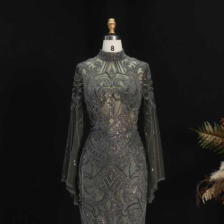 Luxury Green Beaded Evening Dress with High Neck Long Sleeve SS055-DreamyVow