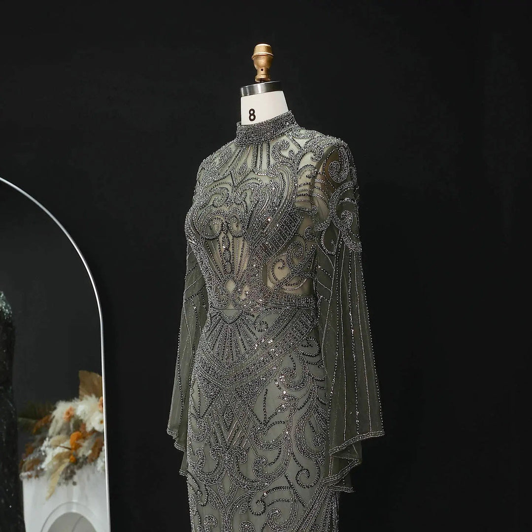 Luxury Green Beaded Evening Dress with High Neck Long Sleeve SS055-DreamyVow