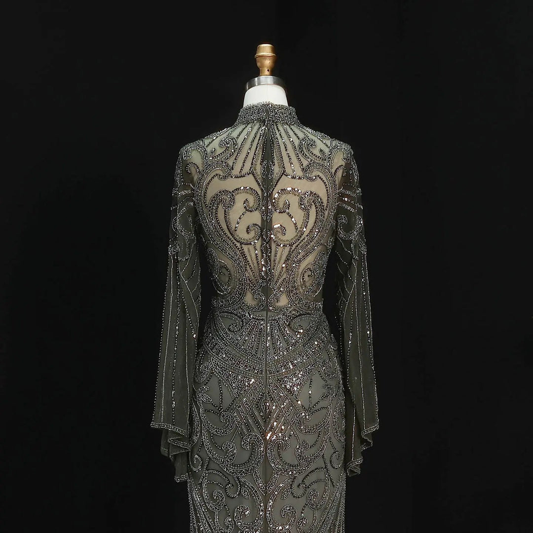 Luxury Green Beaded Evening Dress with High Neck Long Sleeve SS055-DreamyVow