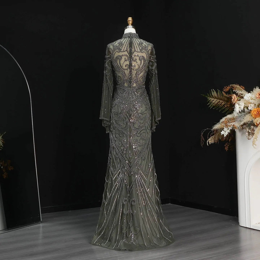 Luxury Green Beaded Evening Dress with High Neck Long Sleeve SS055-DreamyVow