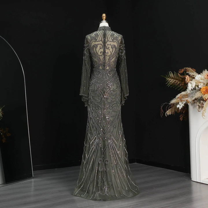 Luxury Green Beaded Evening Dress with High Neck Long Sleeve SS055-DreamyVow
