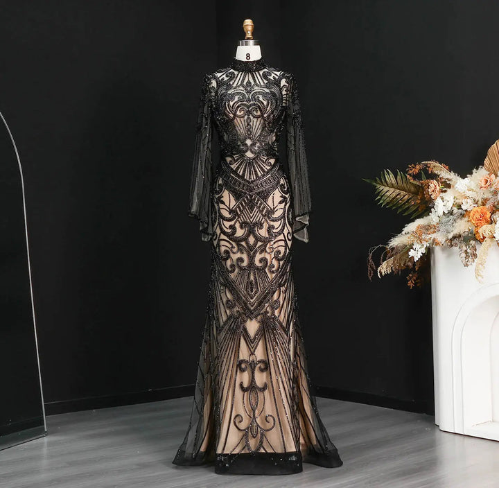 Luxury Green Beaded Evening Dress with High Neck Long Sleeve SS055-DreamyVow