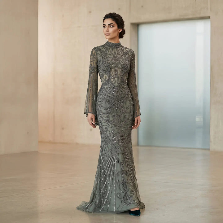 Luxury Green Beaded Evening Dress with High Neck Long Sleeve SS055-DreamyVow