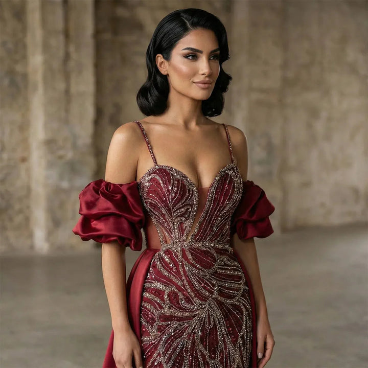 Luxury Green Beaded Slit Evening Gown with Cape SS157-DreamyVow