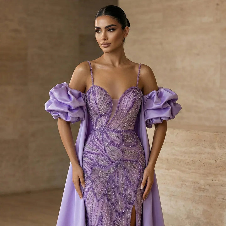 Luxury Green Beaded Slit Evening Gown with Cape SS157-DreamyVow