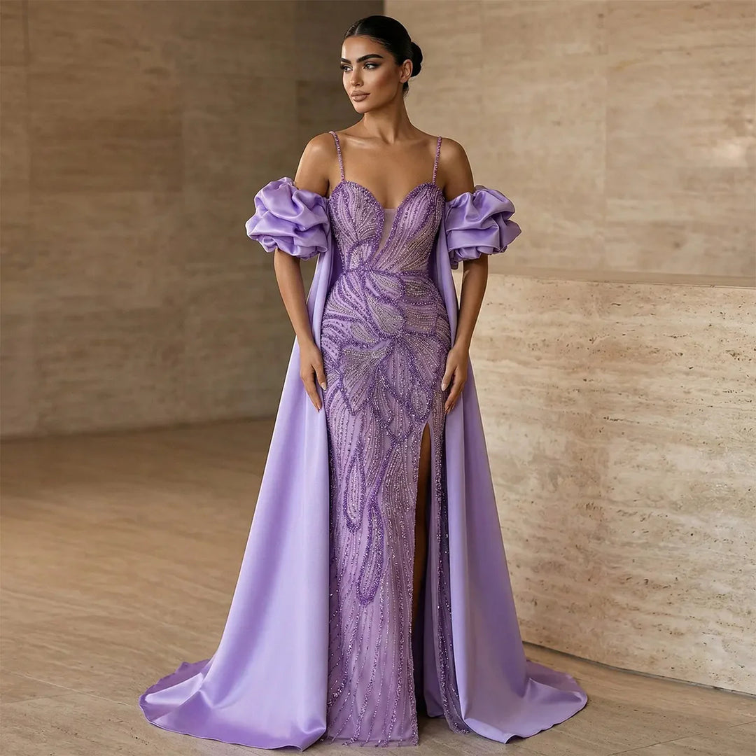 Luxury Green Beaded Slit Evening Gown with Cape SS157-DreamyVow