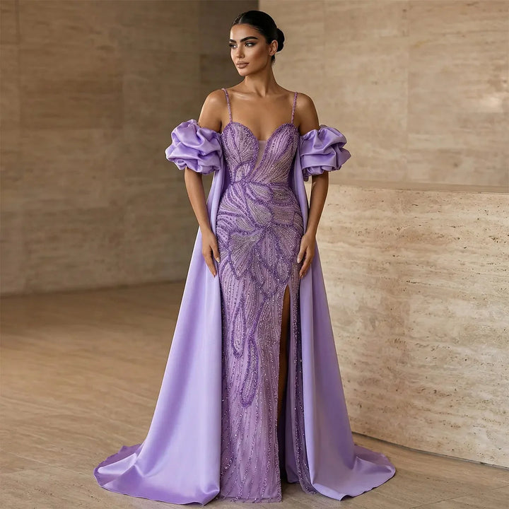 Luxury Green Beaded Slit Evening Gown with Cape SS157-DreamyVow