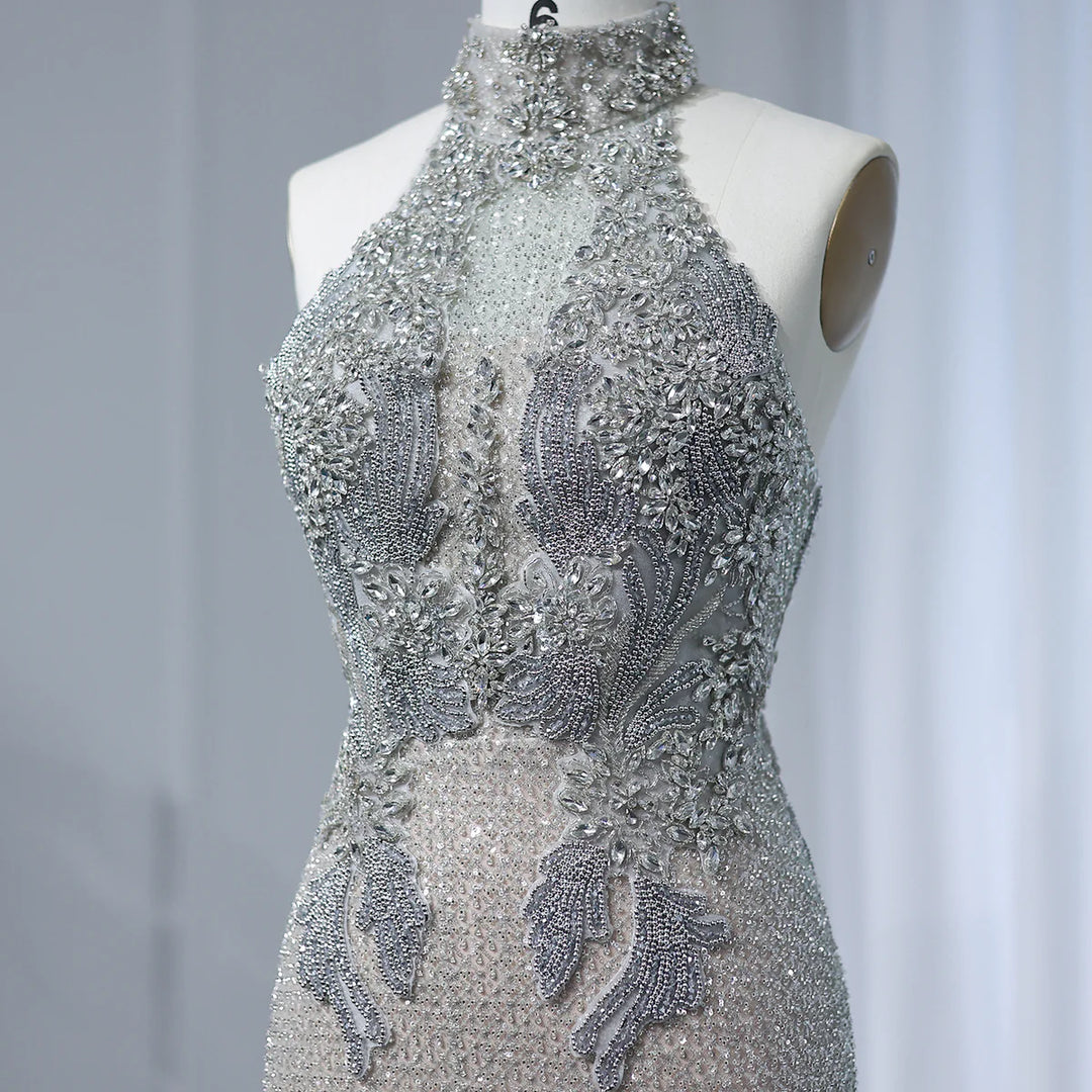Luxury Halter Silver Nude Beaded Evening Dress SS408