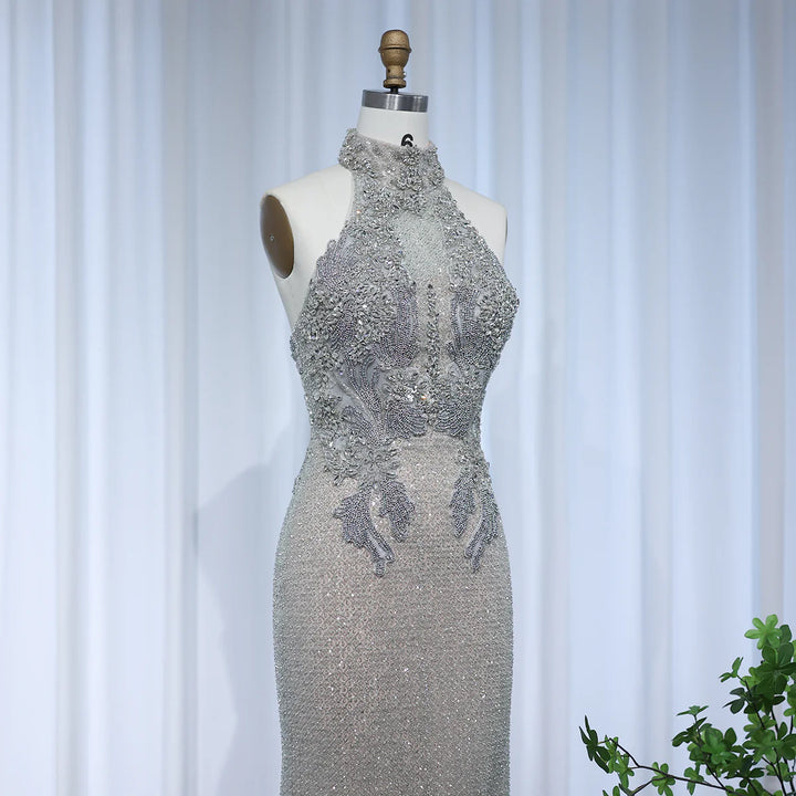 Luxury Halter Silver Nude Beaded Evening Dress SS408