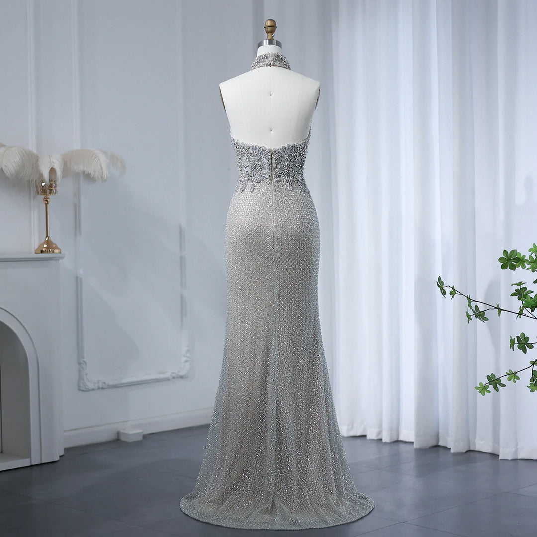 Luxury Halter Silver Nude Beaded Evening Dress SS408 DreamyVow Luxury Halter Silver Nude Beaded Evening Dress SS408 DreamyVow
