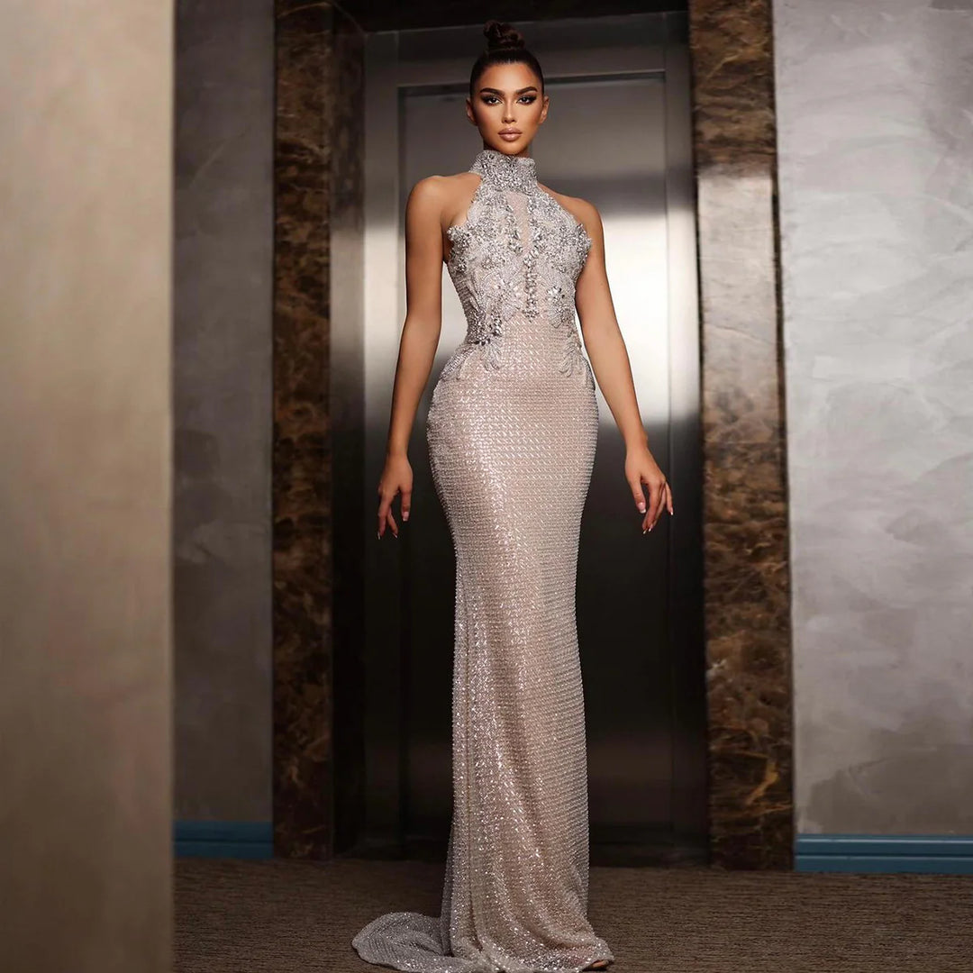 Luxury Halter Silver Nude Beaded Evening Dress SS408, Silver Nude / 16 Luxury Halter Silver Nude Beaded Evening Dress SS408, Silver Nude / 16