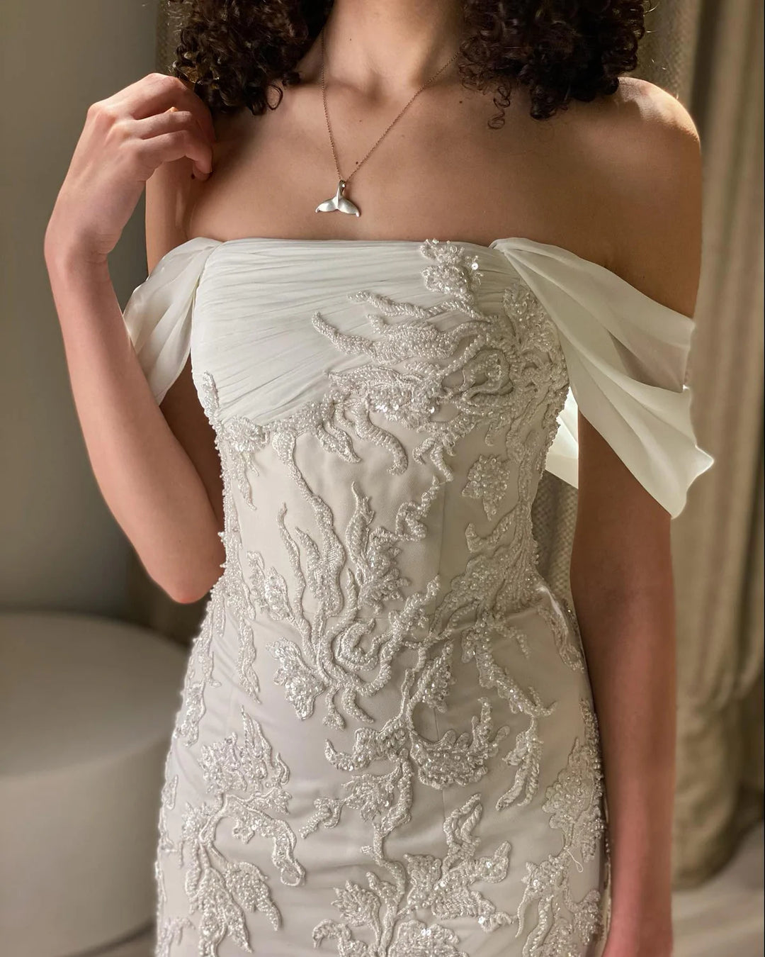 Luxury Ivory Sequin Embroidered Off Shoulder Evening Dress SS622-DreamyVow
